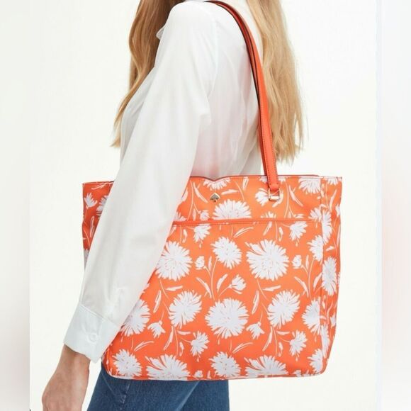 Kate Spade Jae Blossom Large Tote Polyester Leather Floral Orange White Weekend